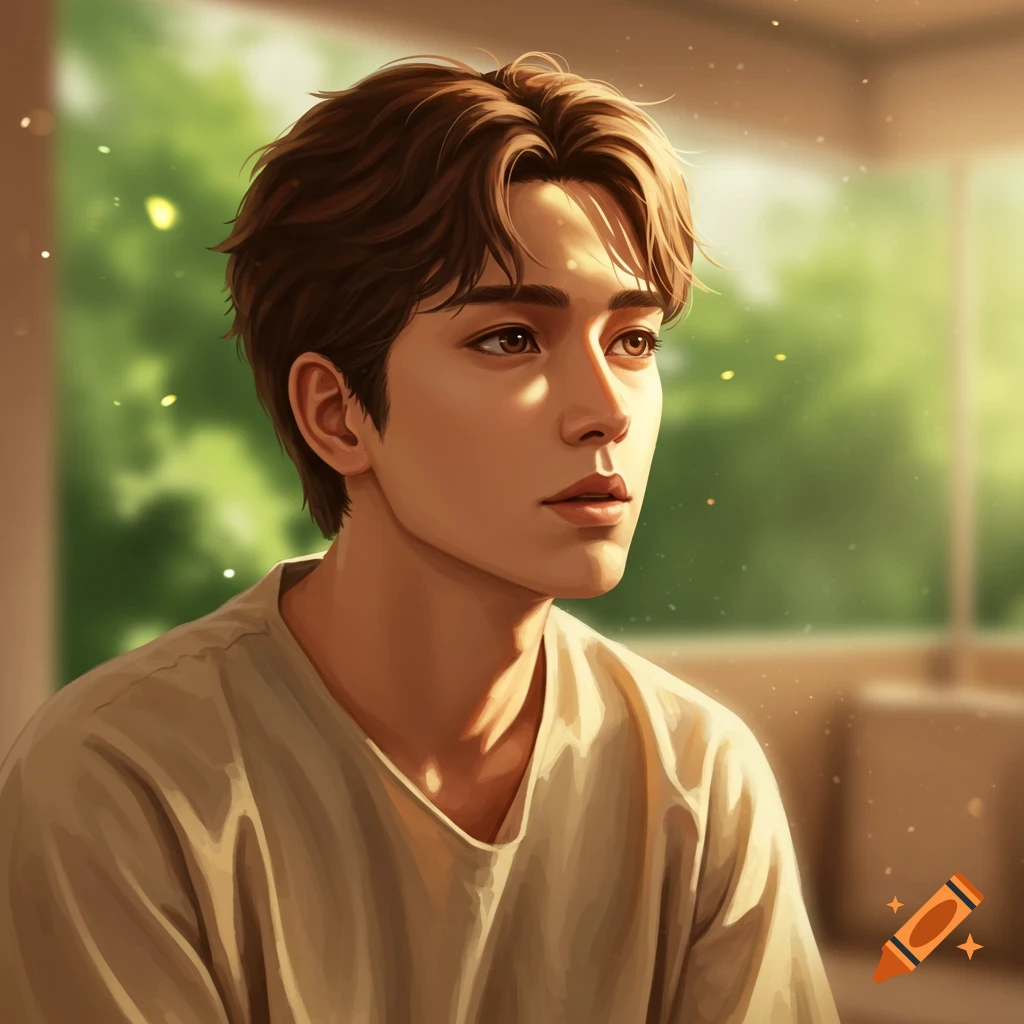 Digital illustration of a young man with brown hair, looking right, bathed in sunlight with a green background.