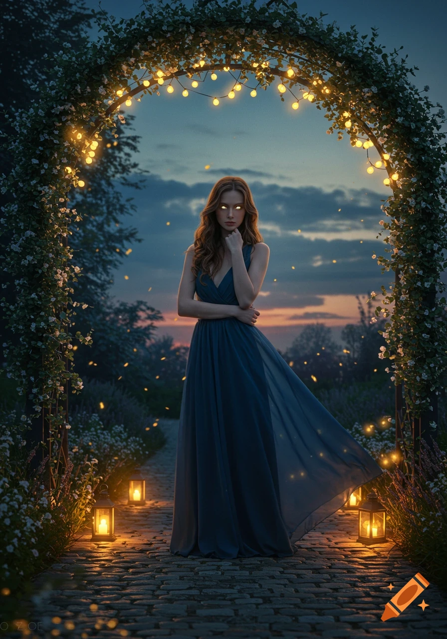 A woman with glowing eyes stands under a lit floral arch on a garden path at dusk, photorealistic.