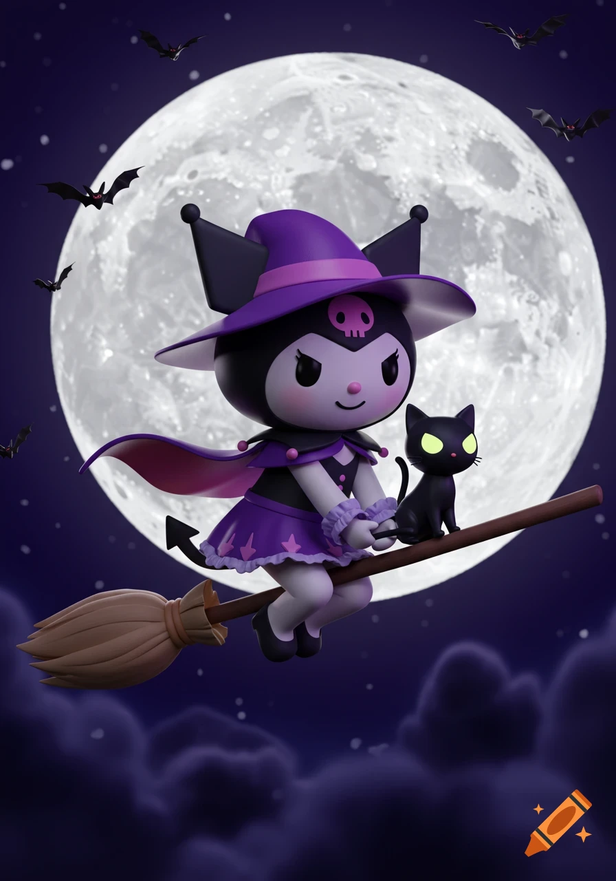 3D render of Sanrio Kuromi as a witch flying on a broomstick with a black cat against a full moon and starry night sky.
