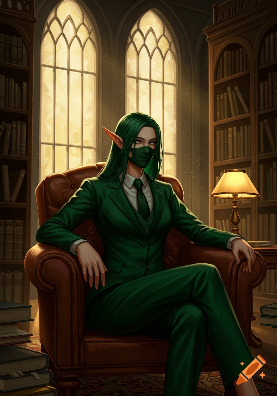Anime-style female elf with long green hair, wearing a green suit and face mask, sits in a library.