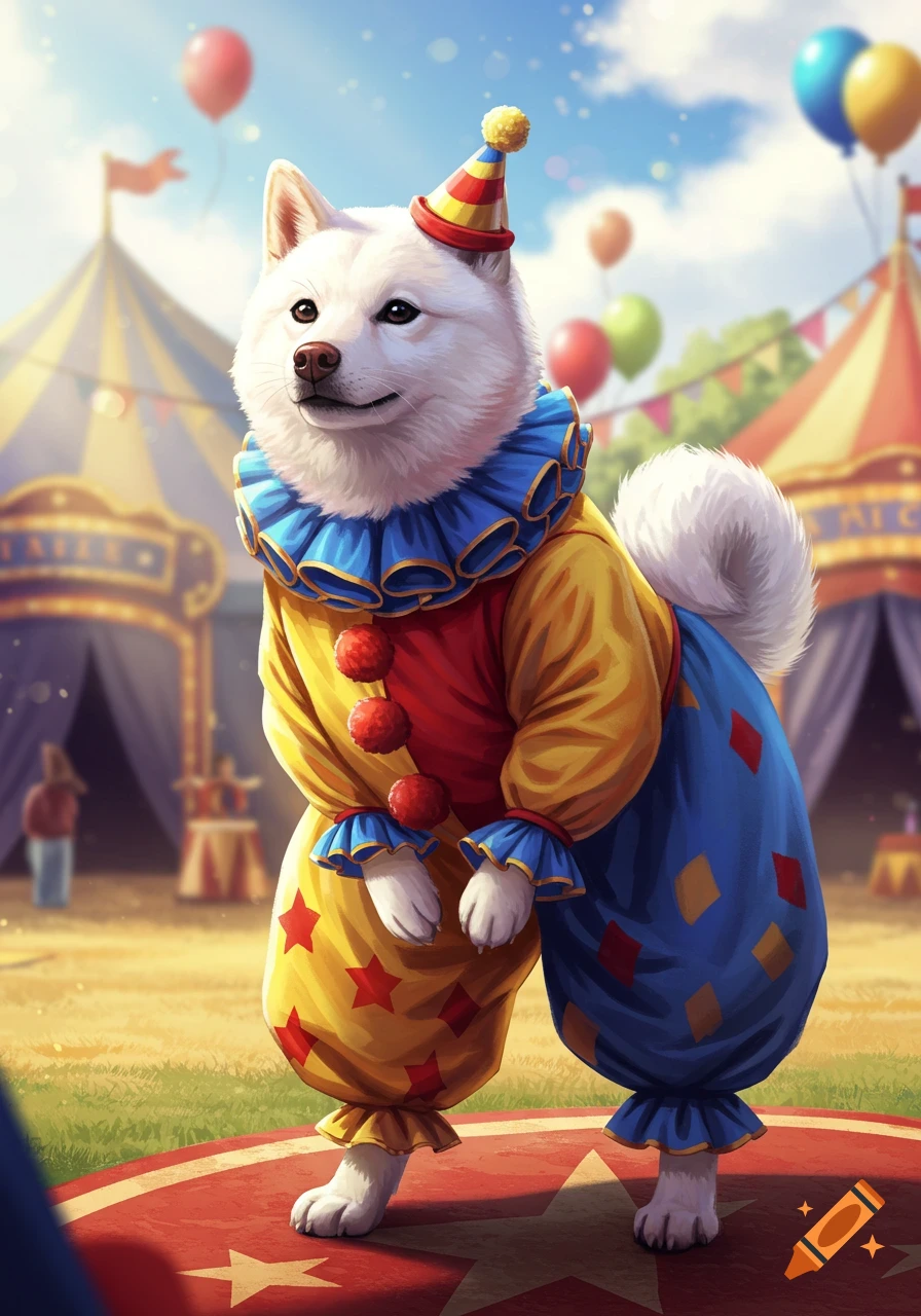 A white Shiba Inu dog in a colorful clown costume and party hat stands on a red circus ring. Background shows circus tents and balloons.