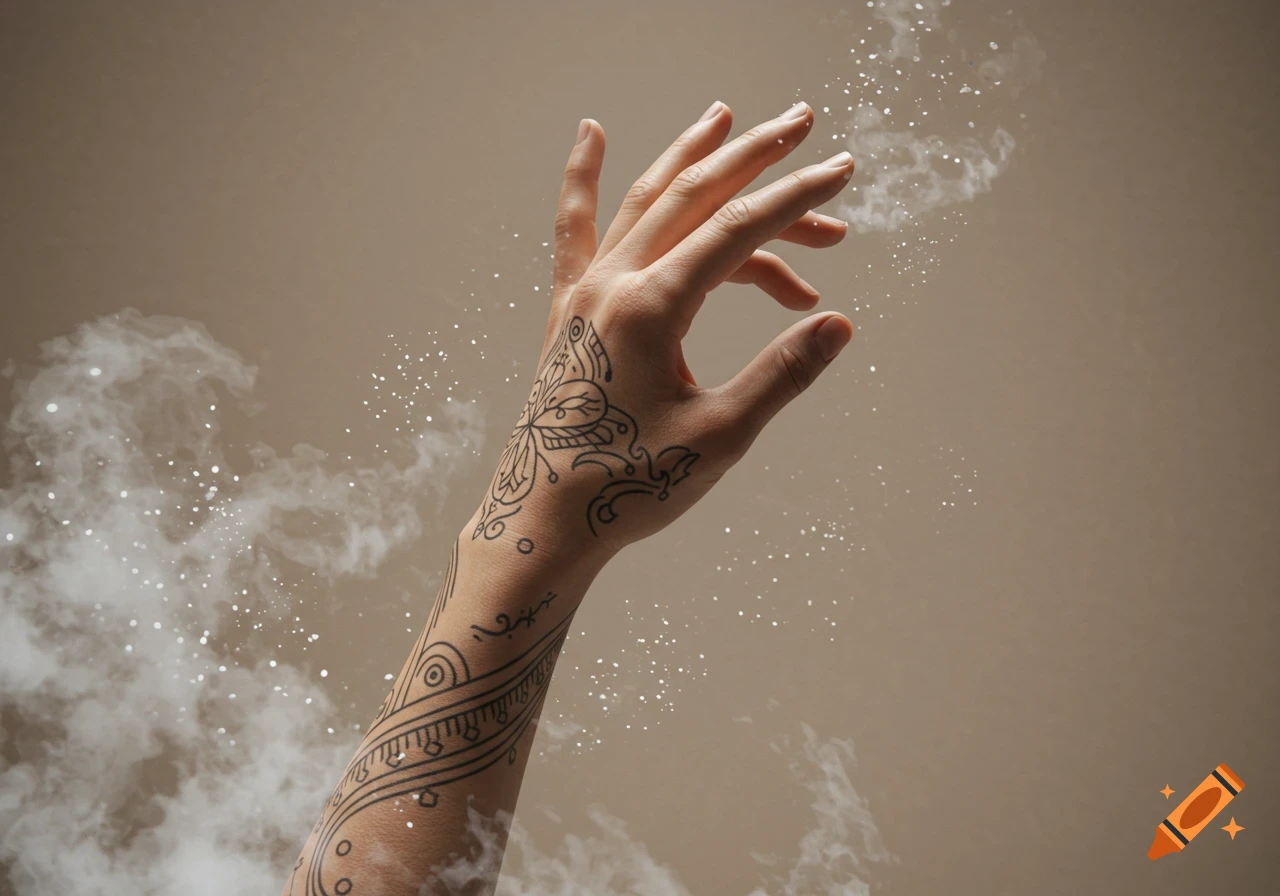 A hand with an intricate black tattoo and sparkling smoke against a brown background.