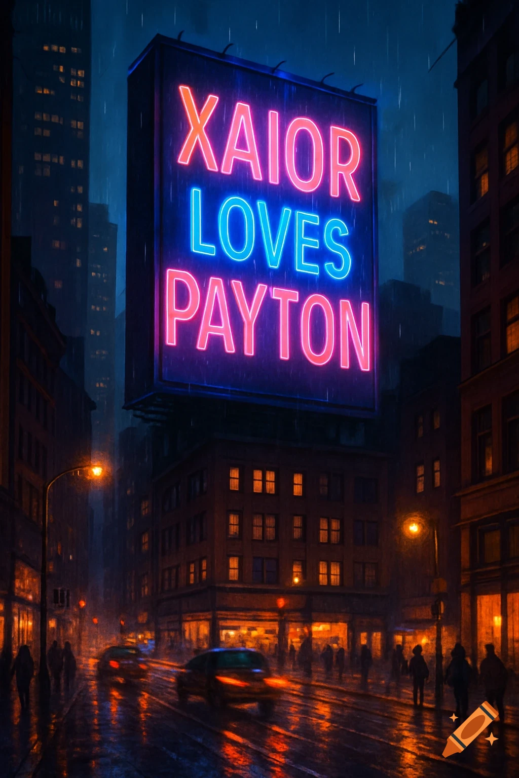 A rainy city street at night with cars and pedestrians, illuminated by streetlights and a large neon billboard displaying "XAIOR LOVES PAYTON".