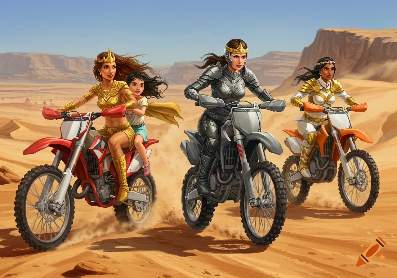 Three warrior princesses on motocross bikes in a desert landscape. One princess rides with a child on her red bike, another in armor on a gray bike, and a third in white and gold on an orange bike.