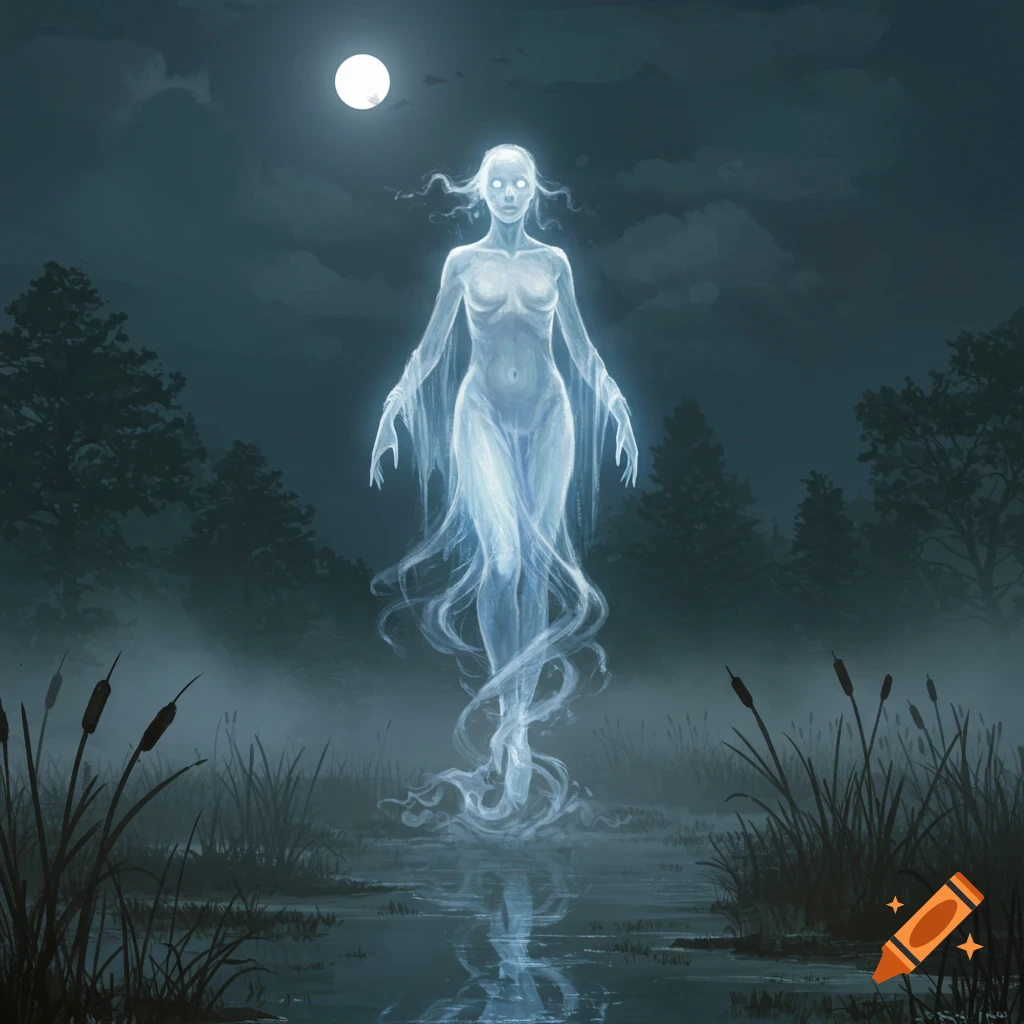 A glowing, translucent specter with legs of smoke rises from a moonlit swamp, surrounded by dark trees and cattails.