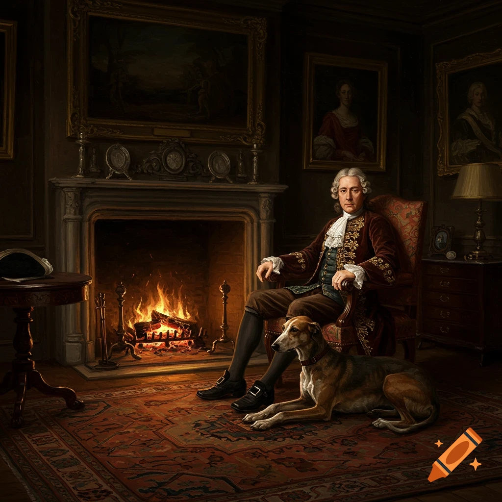 A 17th-century gentleman in elaborate clothing sits by a fireplace with his dog in a richly decorated room, in an oil painting style.