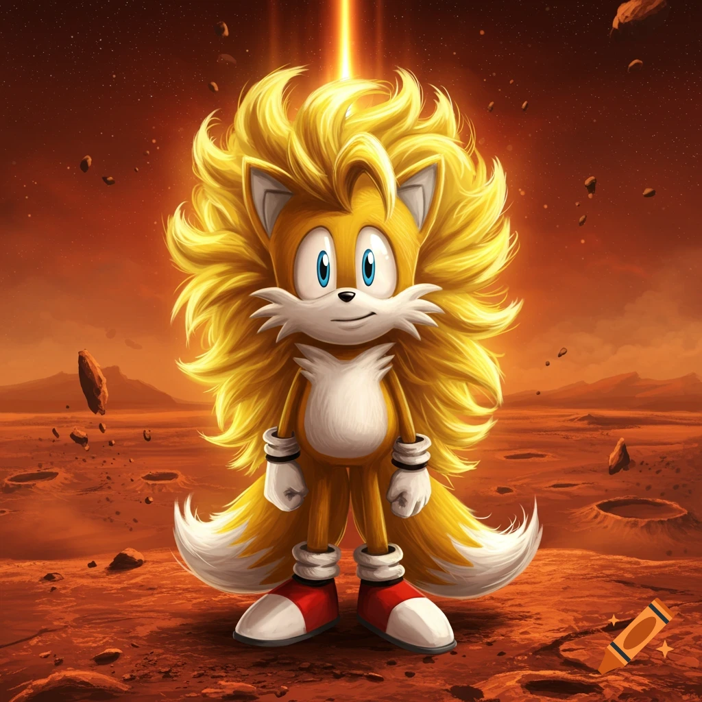Super Tails, a yellow fox with spiky golden hair, stands on a red, cratered Martian landscape under an orange sky with a light beam.