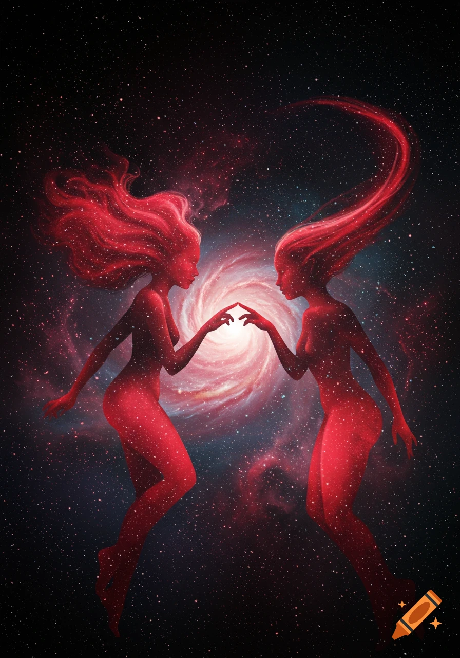 Two red, starry, ethereal feminine figures with flowing hair reach towards a swirling galaxy in a cosmic background.