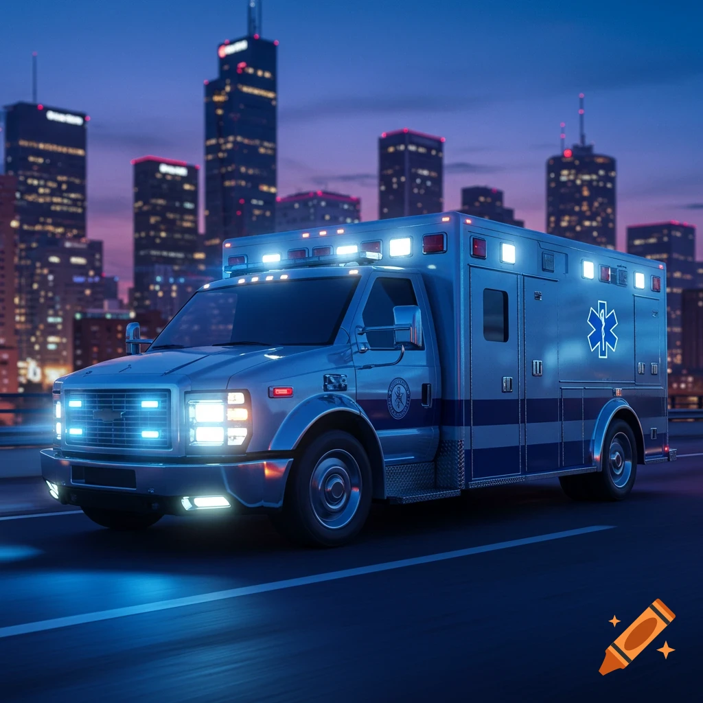 A futuristic ambulance with glowing blue and white lights drives on a road at dusk, with a city skyline in the background. Photorealistic.