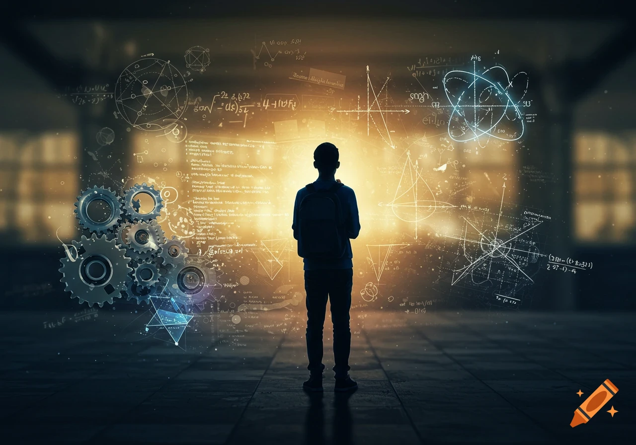 A silhouette of a student with a backpack stands before a glowing wall covered in complex mathematical formulas, scientific diagrams, and gears, symbolizing learning.