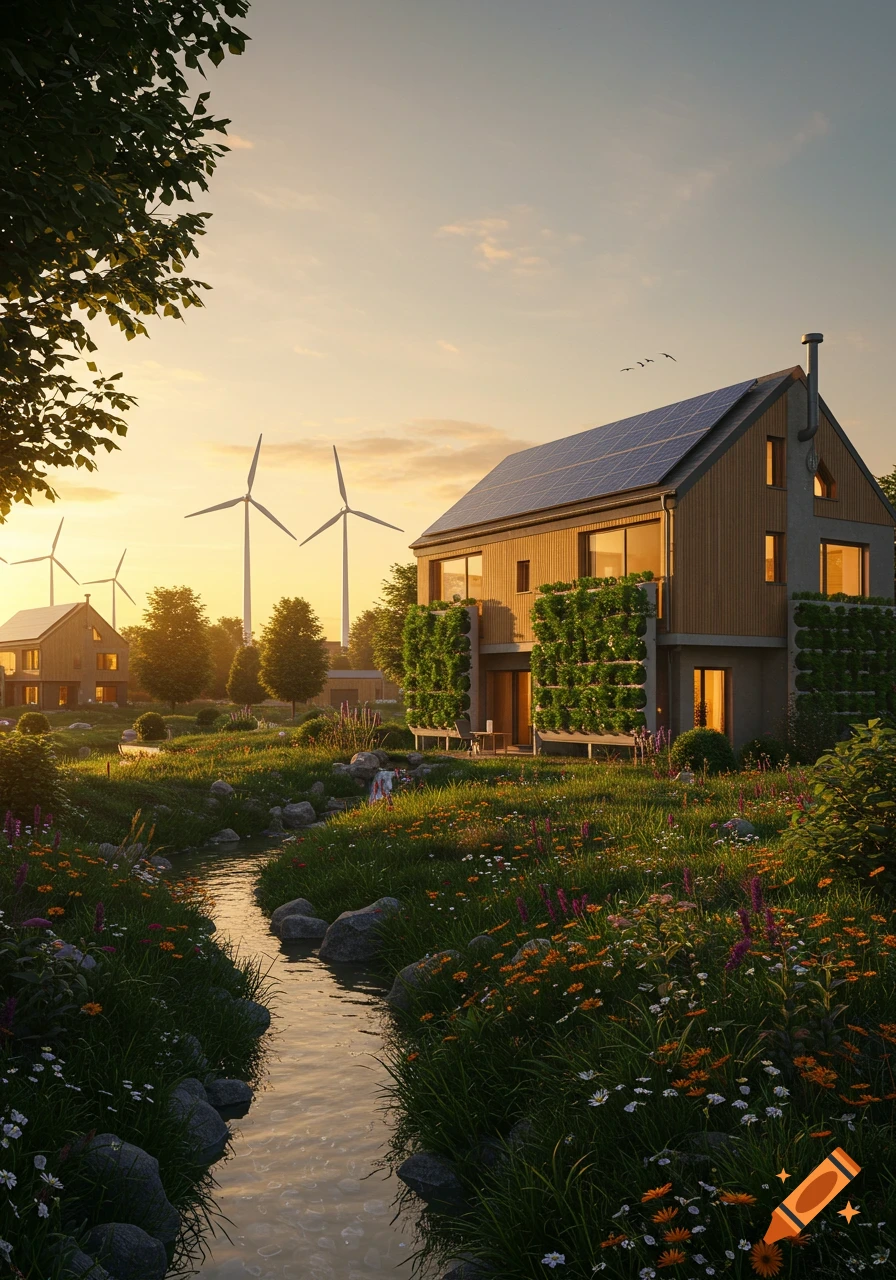 A photorealistic image of eco-friendly homes with solar panels and vertical gardens, surrounded by a stream, wildflowers, and wind turbines at sunset.