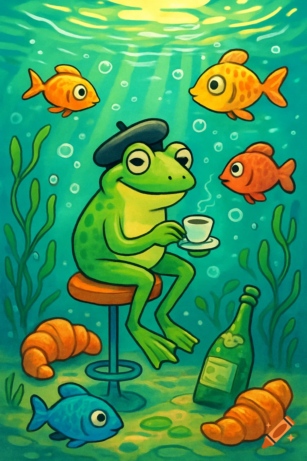 Cartoon frog in a beret sips coffee on a stool underwater, surrounded by fish, croissants, and a bottle.