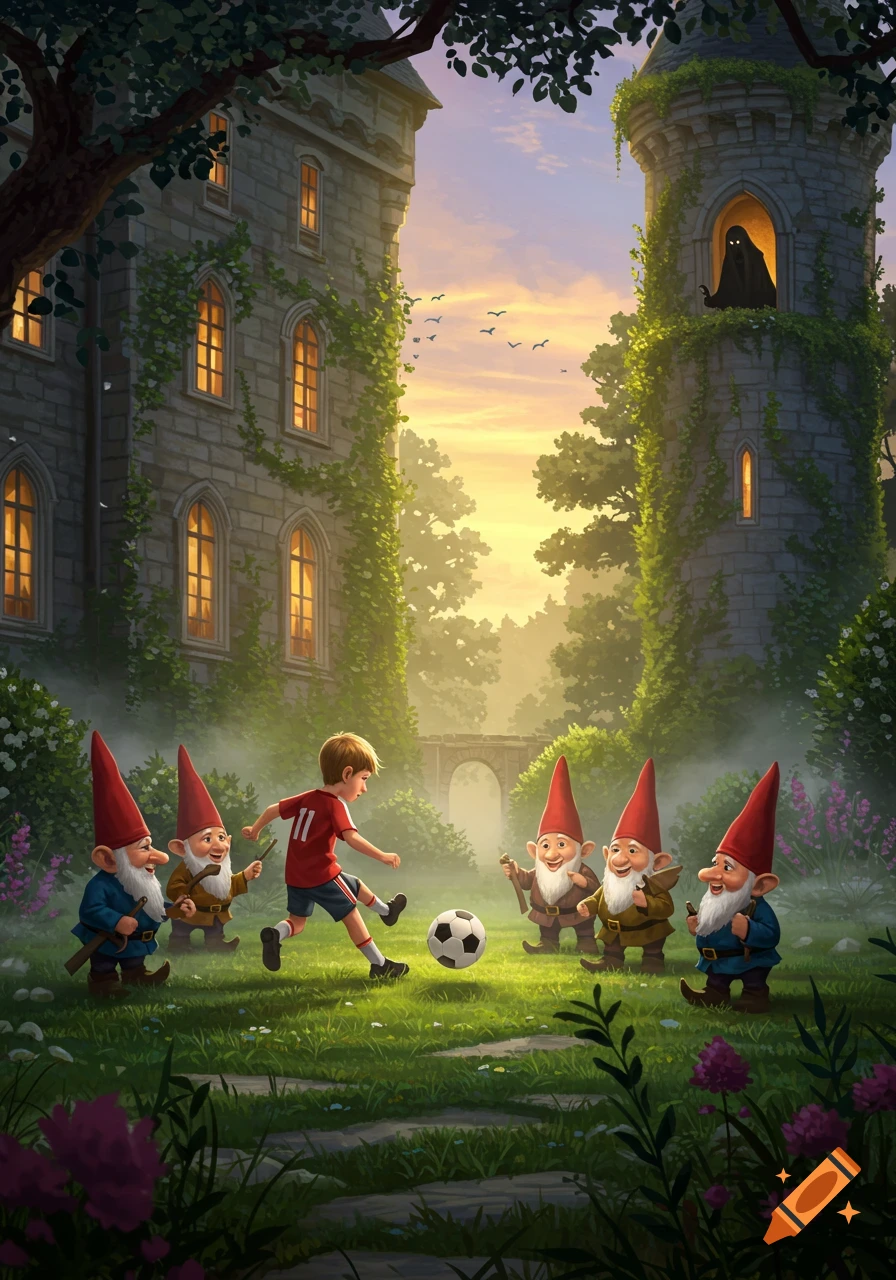 A boy in a red jersey plays soccer with five gnomes in a castle courtyard at sunset, a shadowy figure watches from a tower.