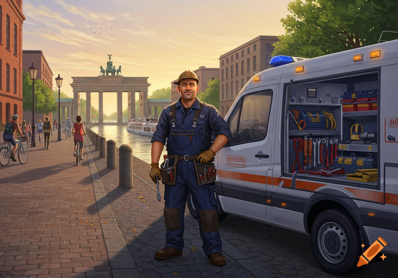 A smiling craftsman in blue overalls and a hard hat stands next to his service van, with Berlin's Brandenburg Gate in the background at sunset.