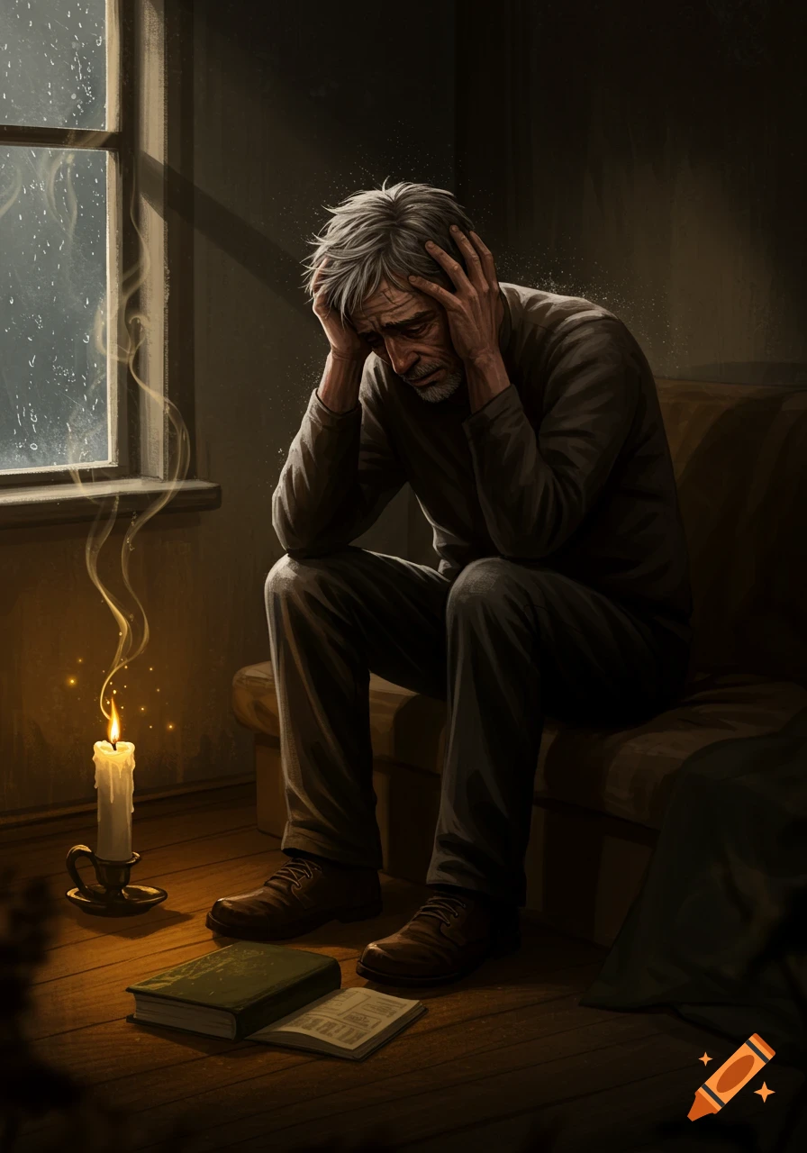 Painterly illustration of a distressed man holding his head, sitting by a rainy window with a lit candle and books on the floor.
