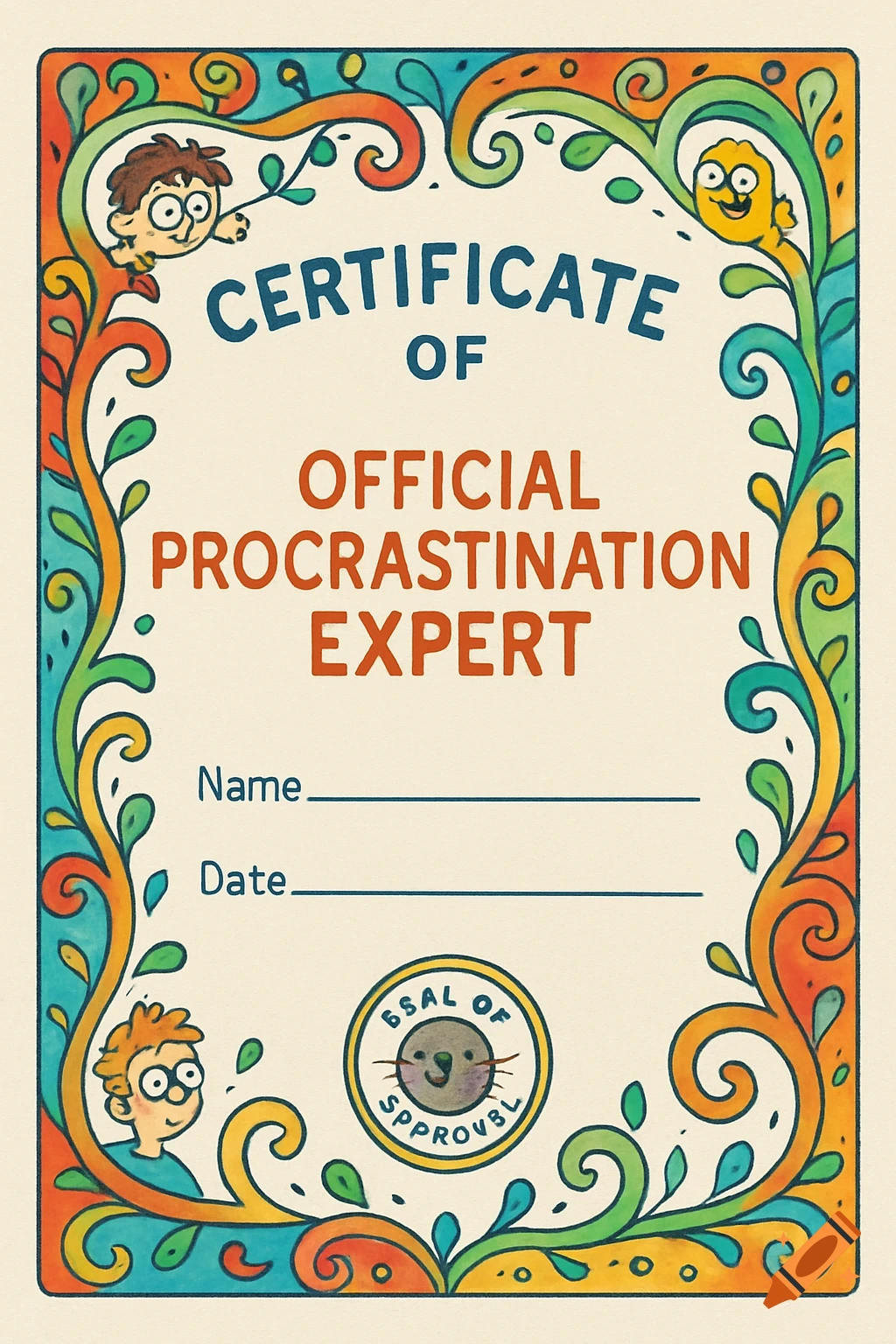 Colorful cartoon certificate for 'Official Procrastination Expert' with decorative border, blank lines for name and date, and a seal.