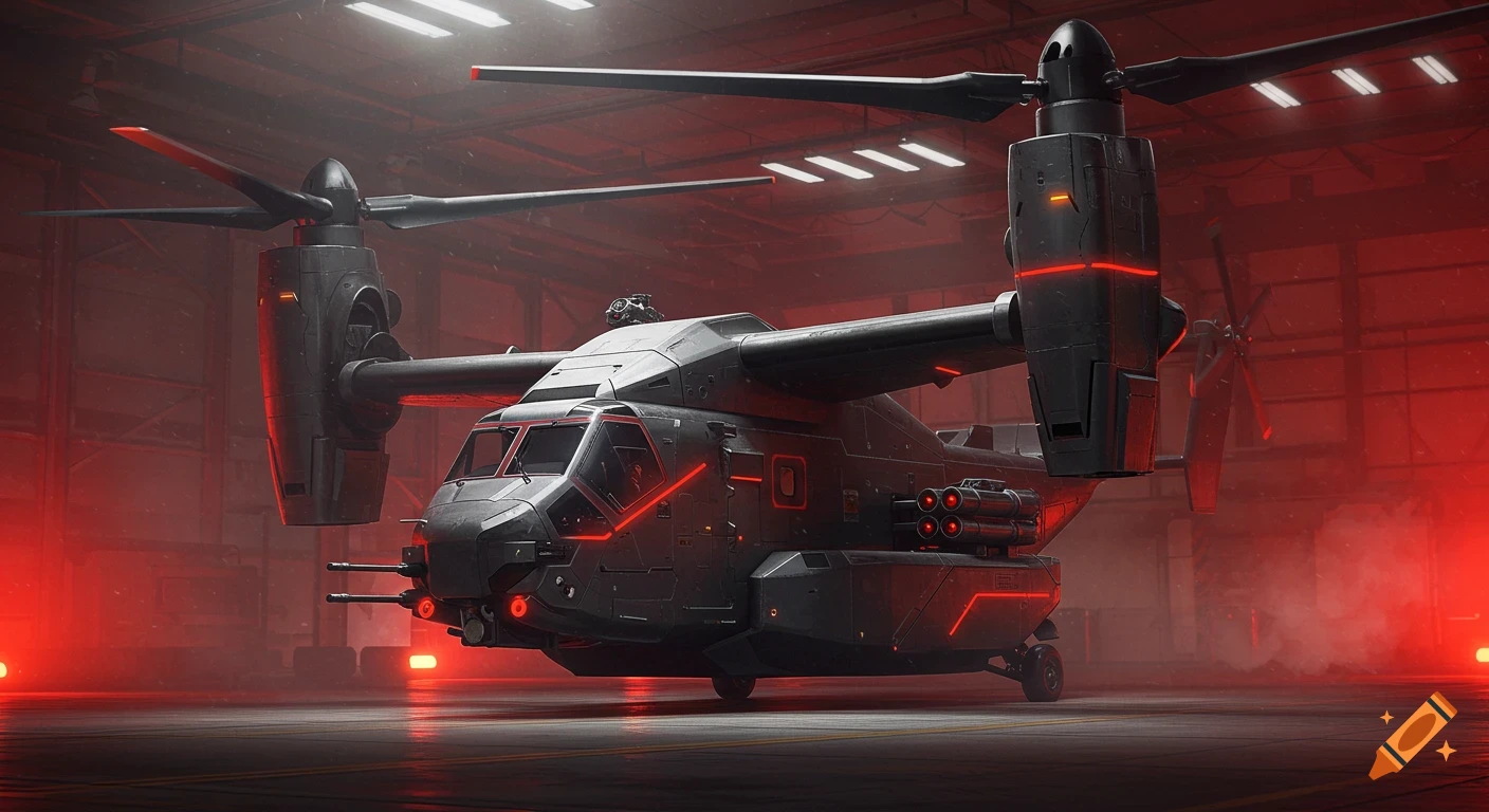 Matte black heavy-lift quadrotor hybrid aircraft with red neon accents and weapons, in a dramatic red-lit hangar. Concept art.