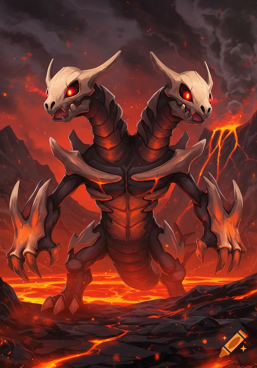 A two-headed monster with bone armor and glowing red eyes stands in a fiery volcanic landscape, digital art.