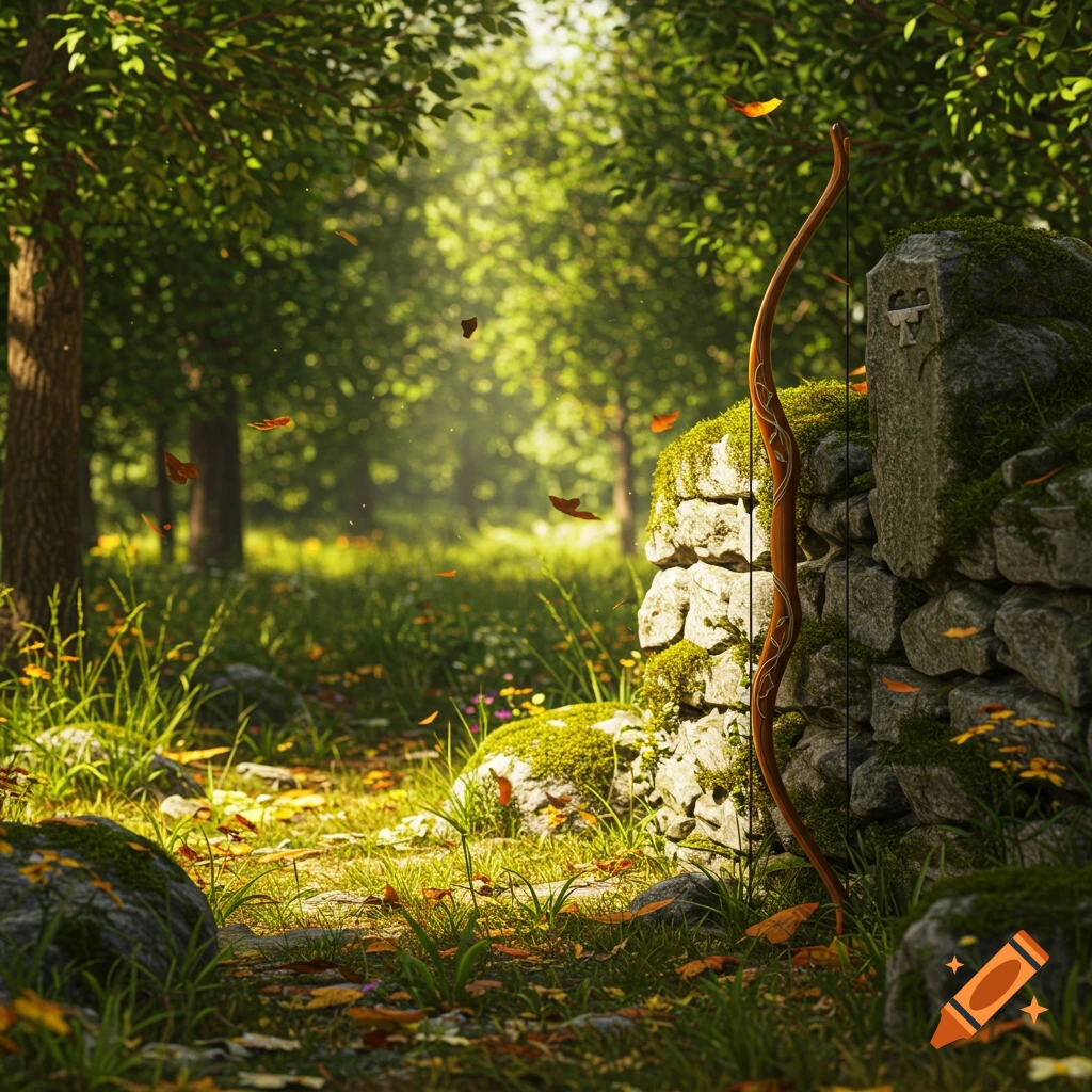A wooden bow with ornate carvings leans against a mossy stone wall in a sunlit forest with fallen autumn leaves.