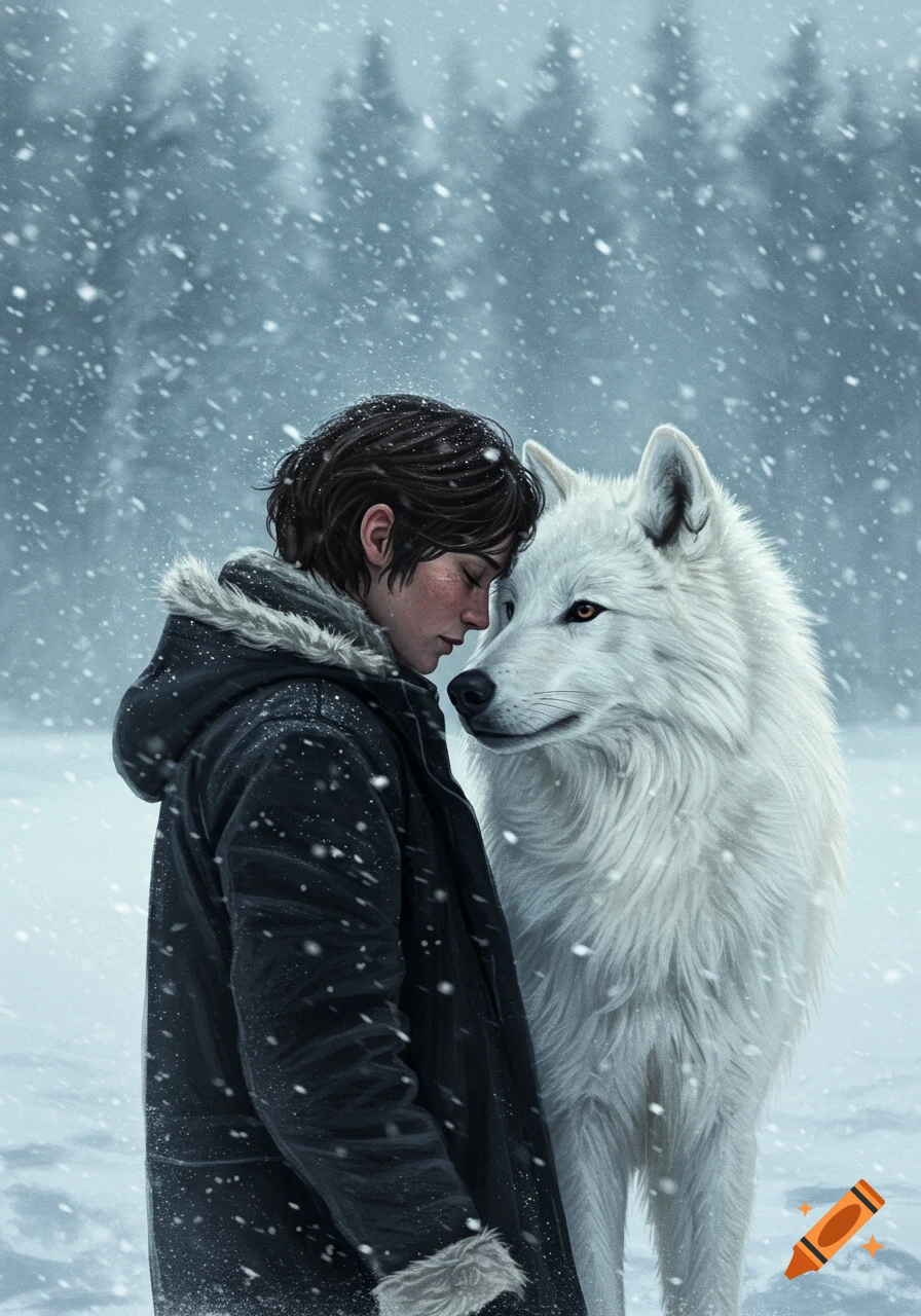 A person in a dark winter coat leans forehead-to-forehead with a large white wolf in a snowy forest, with falling snow.