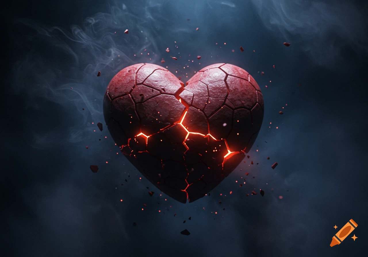 A dark, stylized red heart is cracked and glowing with orange light, surrounded by smoke and debris.