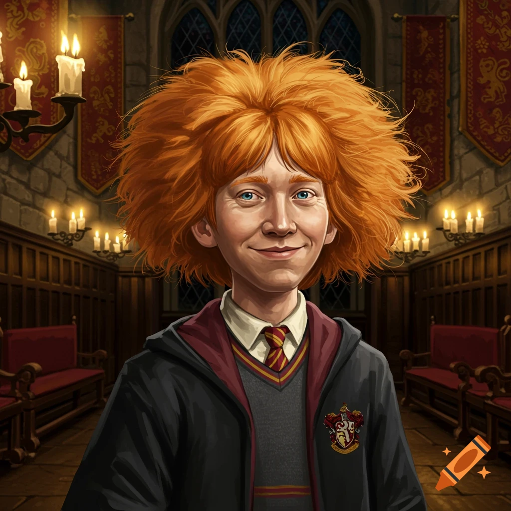 Illustration of Ron Weasley with huge, messy orange hair in a Hogwarts robe, smiling in a candlelit hall.