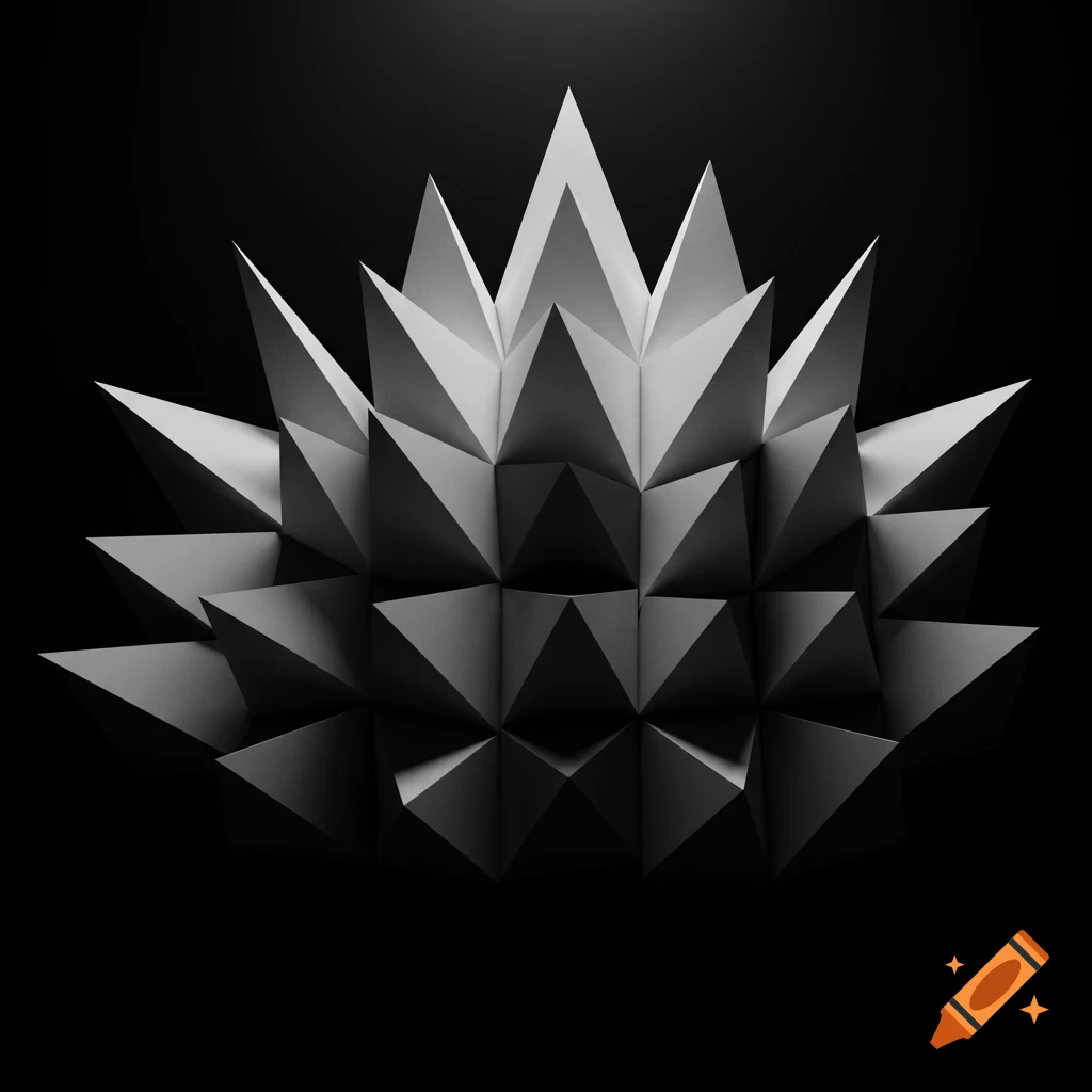A monochromatic abstract composition of sharp, angular white and grey geometric triangles forming a faceted, spiky shape against a black background.
