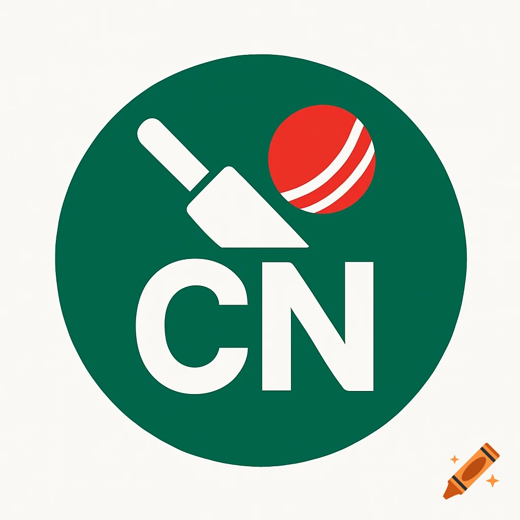 Minimalist green circular logo with a white cricket bat, a red cricket ball, and white letters 'CN'.