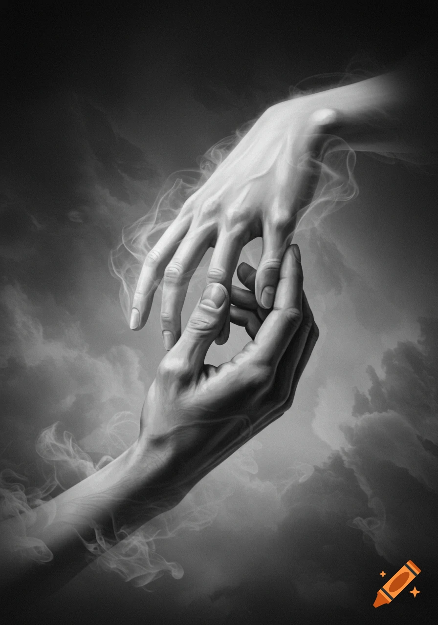 Artistic grayscale image of two hands reaching and touching amidst swirling smoke and clouds, conveying connection.