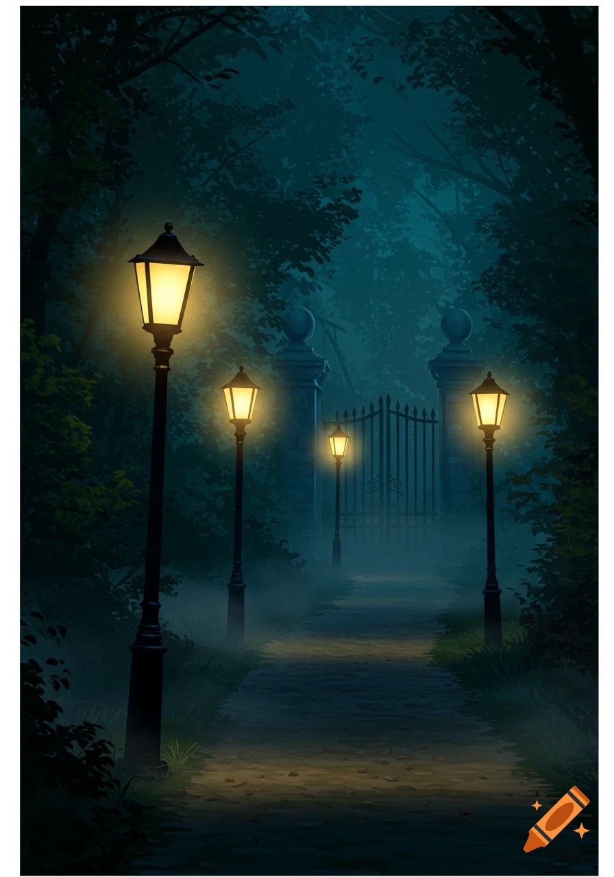 An illustrated dark path through a misty forest at night, lined with glowing lanterns leading to an old, ornate gate.