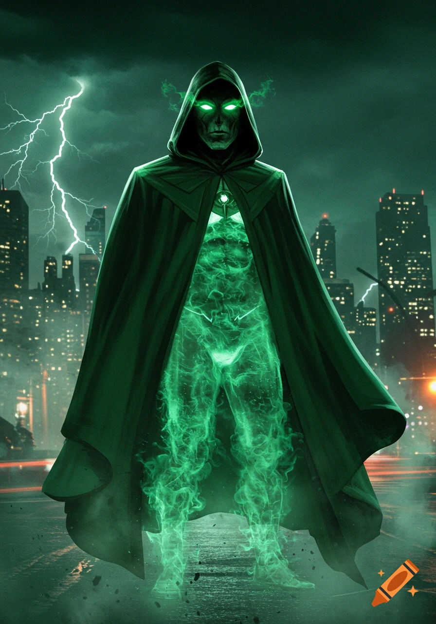 The Spectre, a menacing hooded figure glowing with green energy, stands on a dark, stormy city street with lightning in the sky.