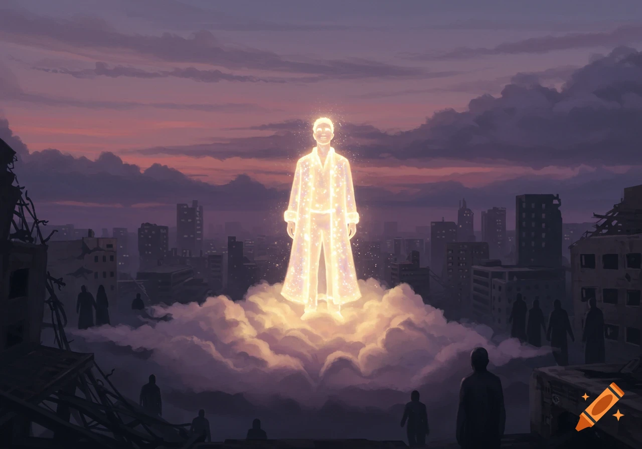 A radiant man in a glowing coat stands on a cloud above a dark, ruined city at twilight, with shadowy figures below. Digital art.