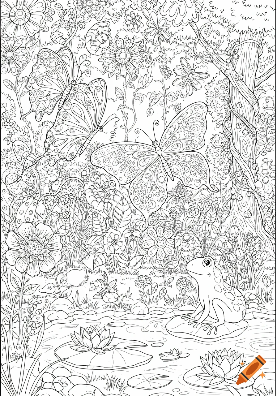Detailed black and white coloring page of two butterflies, a frog on a lily pad in a pond, and dense foliage with flowers.