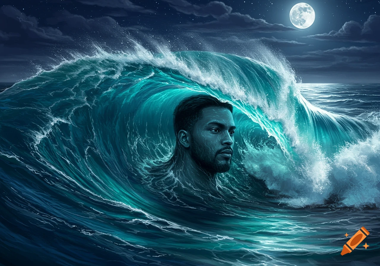A man's head emerges from a huge, turquoise ocean wave at night, under a full moon, in a detailed painting.