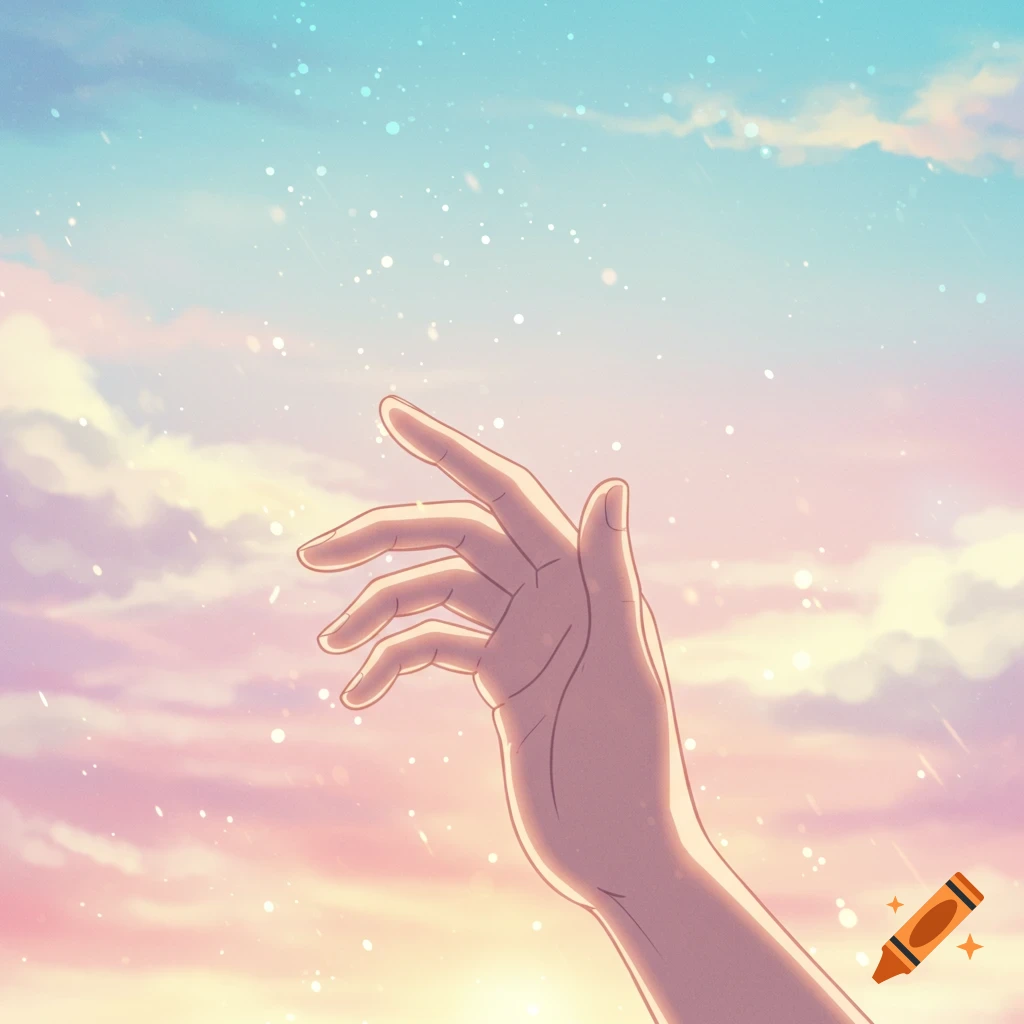 Anime-style hand reaching up into a soft, pastel-colored sky with glowing particles.