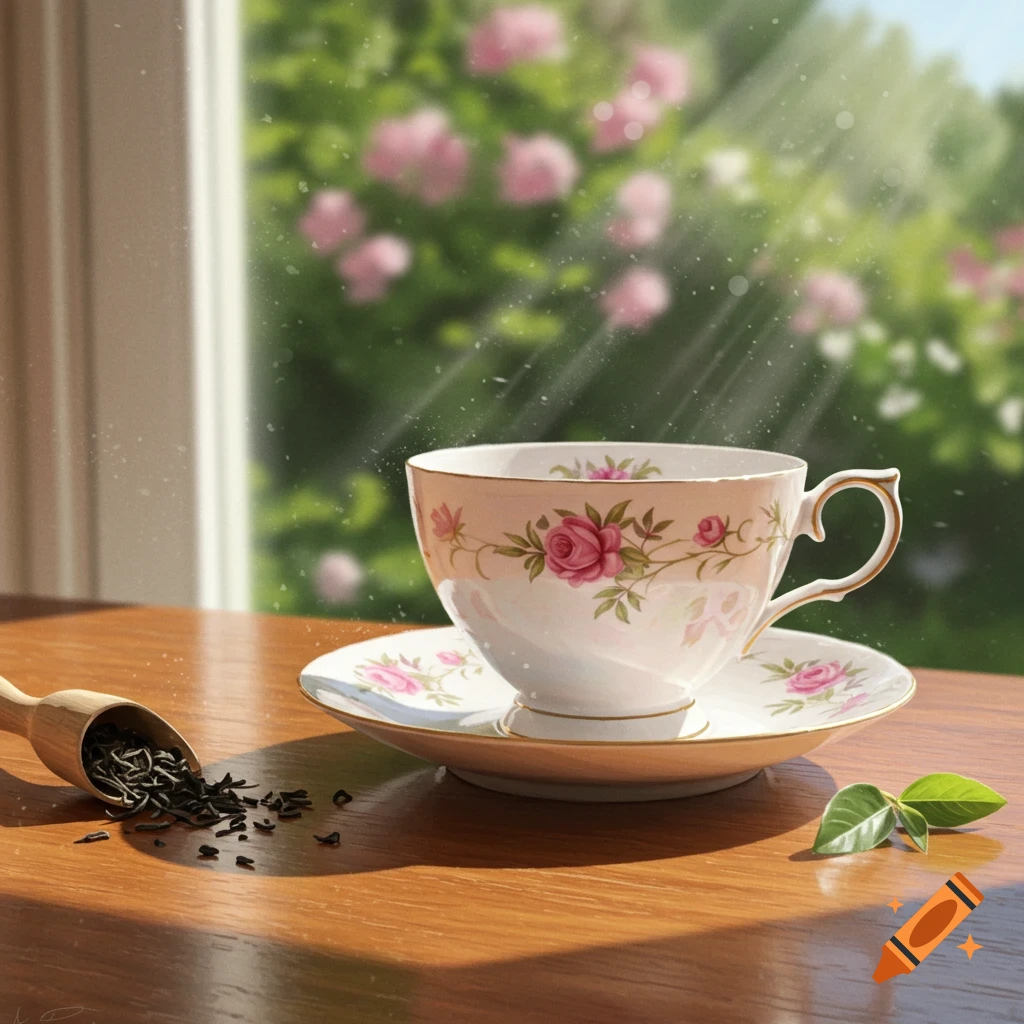 Elegant teacup with pink roses on a wooden table, sunlight streaming through a window to a blurred garden.
