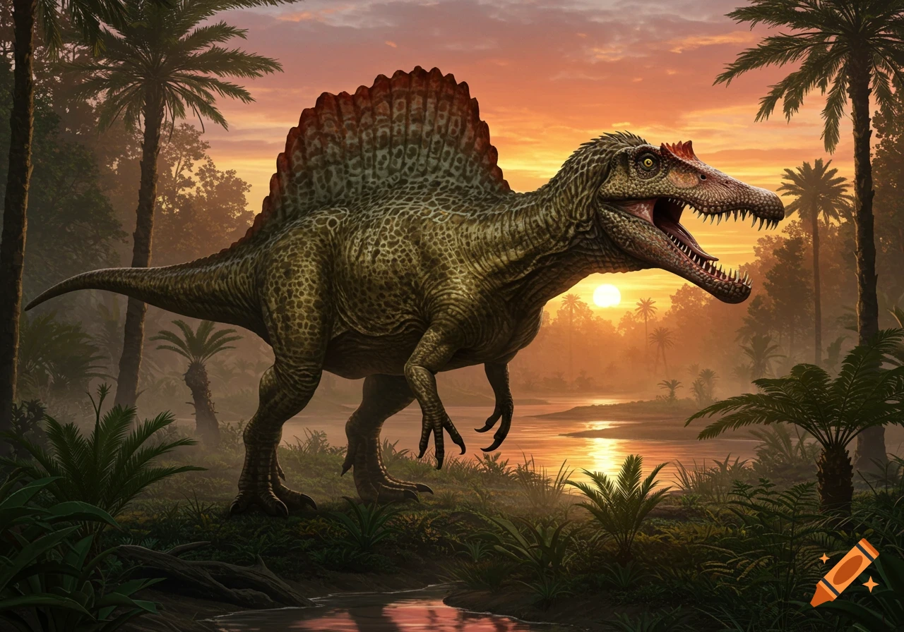 A photorealistic Spinosaurus stands in a prehistoric jungle at sunset, mouth open, beside a reflective river.