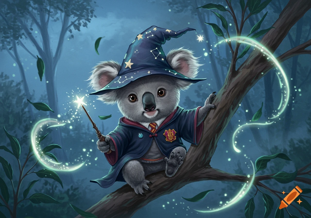 A cute koala in a wizard's hat and robe casts a spell with a glowing wand in a magical forest.