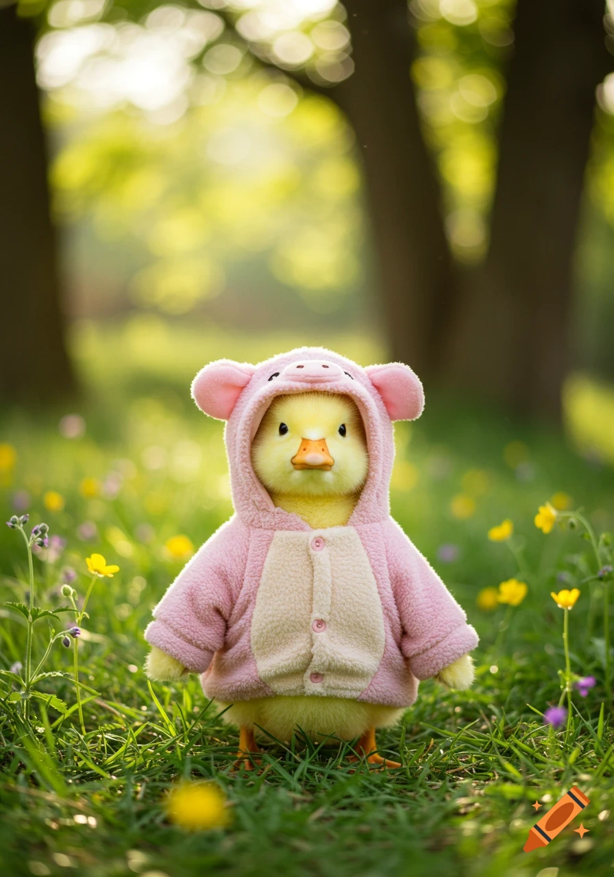 A cute duckling wearing a pink pig onesie stands in a lush green field with yellow and purple wildflowers, bathed in warm sunlight.