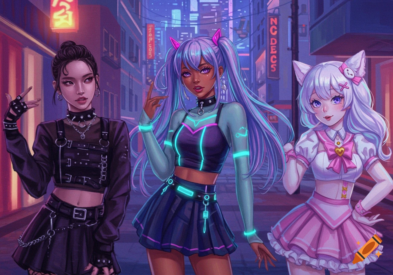 Three anime-style girls in a neon-lit city street. One wears a dark goth outfit, one a cyberpunk outfit with glowing accents, and one a pink maid-like costume with cat ears.