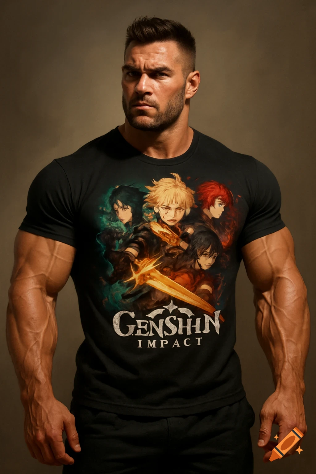 A muscular bodybuilder in a black t-shirt featuring Genshin Impact anime characters and logo looks directly forward. Photorealistic style.