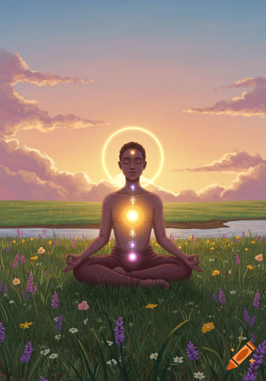 Illustration of a person meditating in lotus pose in a field of wildflowers at sunset, with illuminated chakras.