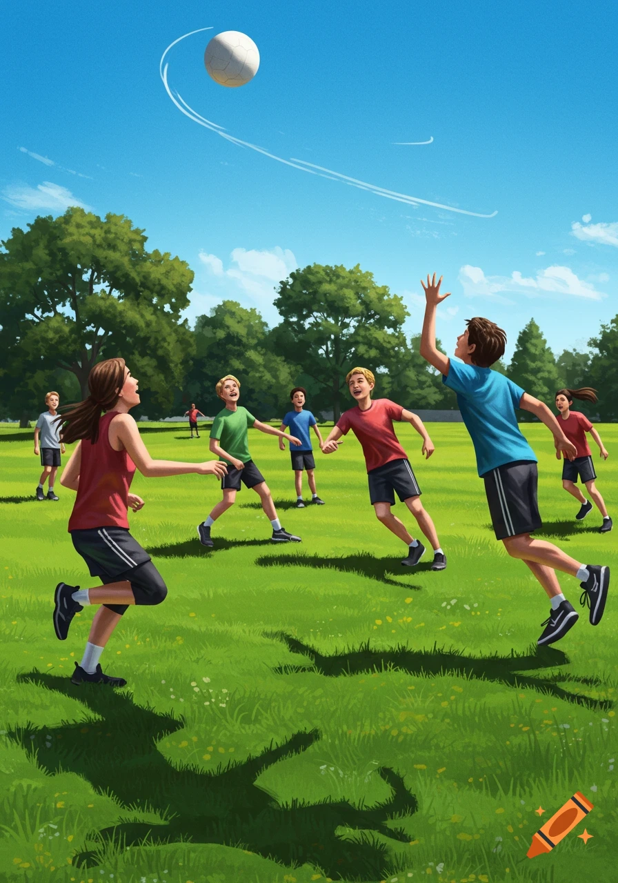An illustration of teenagers playing a ball game in a sunny park. A boy jumps to hit a white ball while others run and watch.