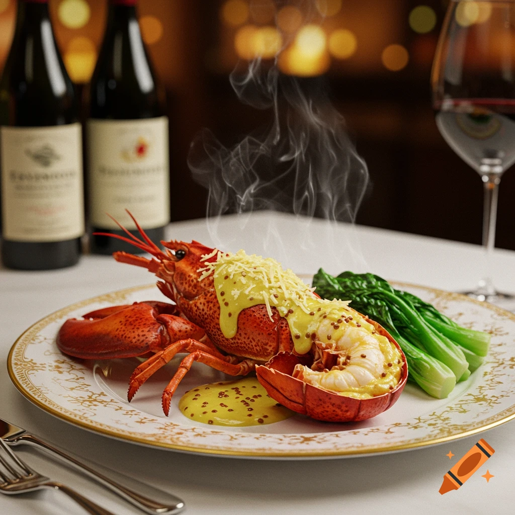 Photorealistic image of a steaming lobster thermidor on a fancy plate with vegetables, wine bottles, and a wine glass.