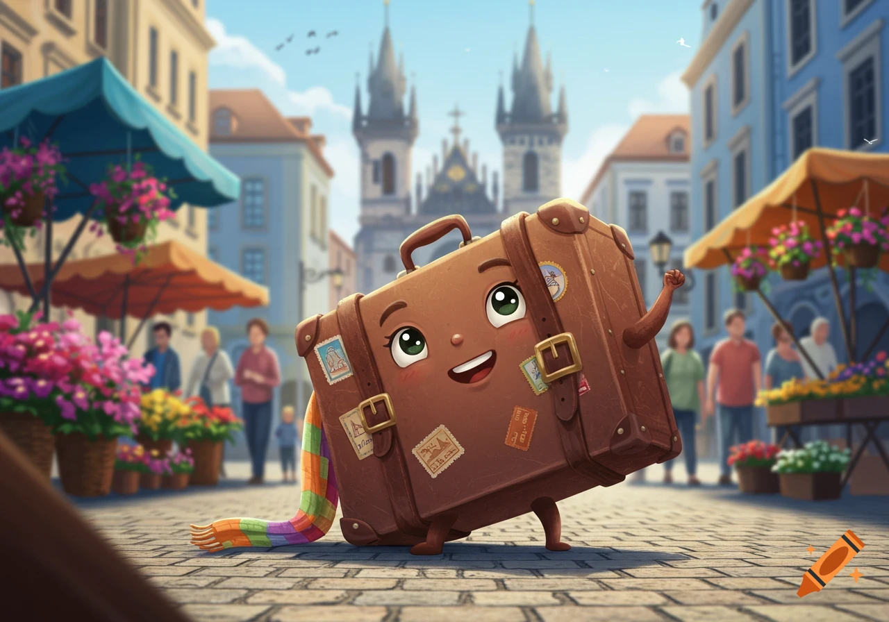 A whimsical cartoon brown suitcase with a face and rainbow scarf walks on a cobblestone street in a bustling European market.