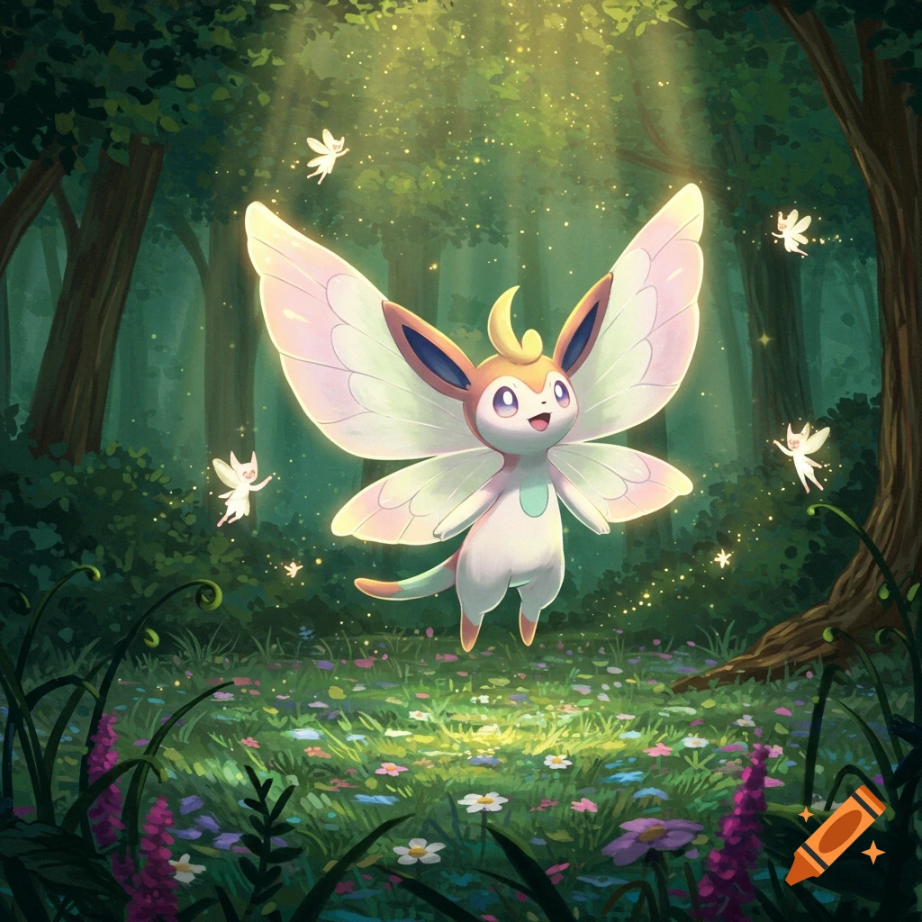 A cute fairy-type Pok 0mon with large wings floats in an enchanted forest with glowing particles and tiny fairies.