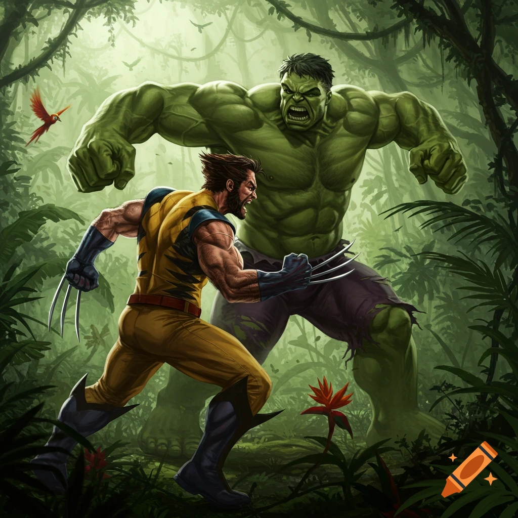 Wolverine clashes with the Hulk in a lush, green jungle in a dynamic comic art style.