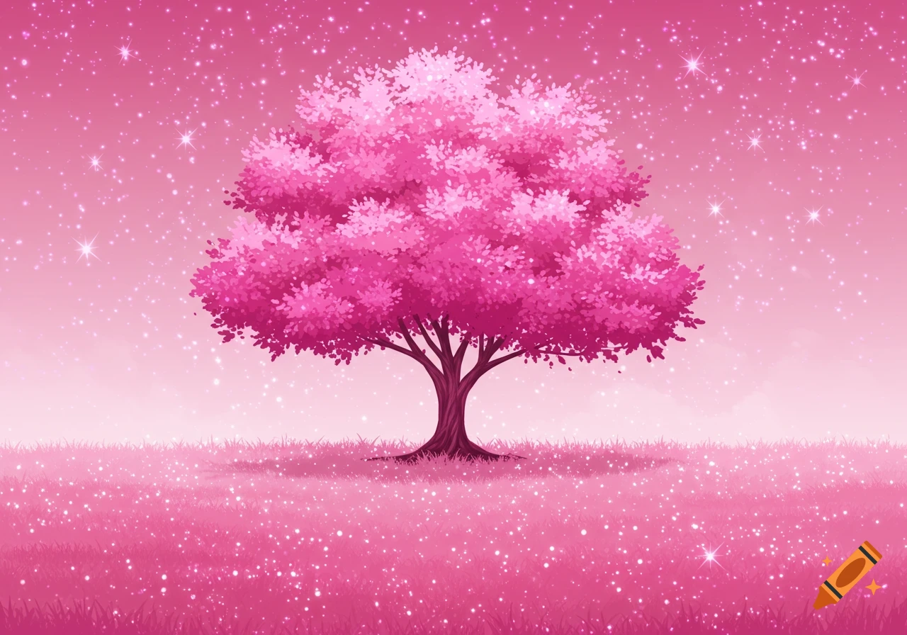 A dreamy illustration of a vibrant pink tree in a sparkling pink field under a star-filled pink sky.