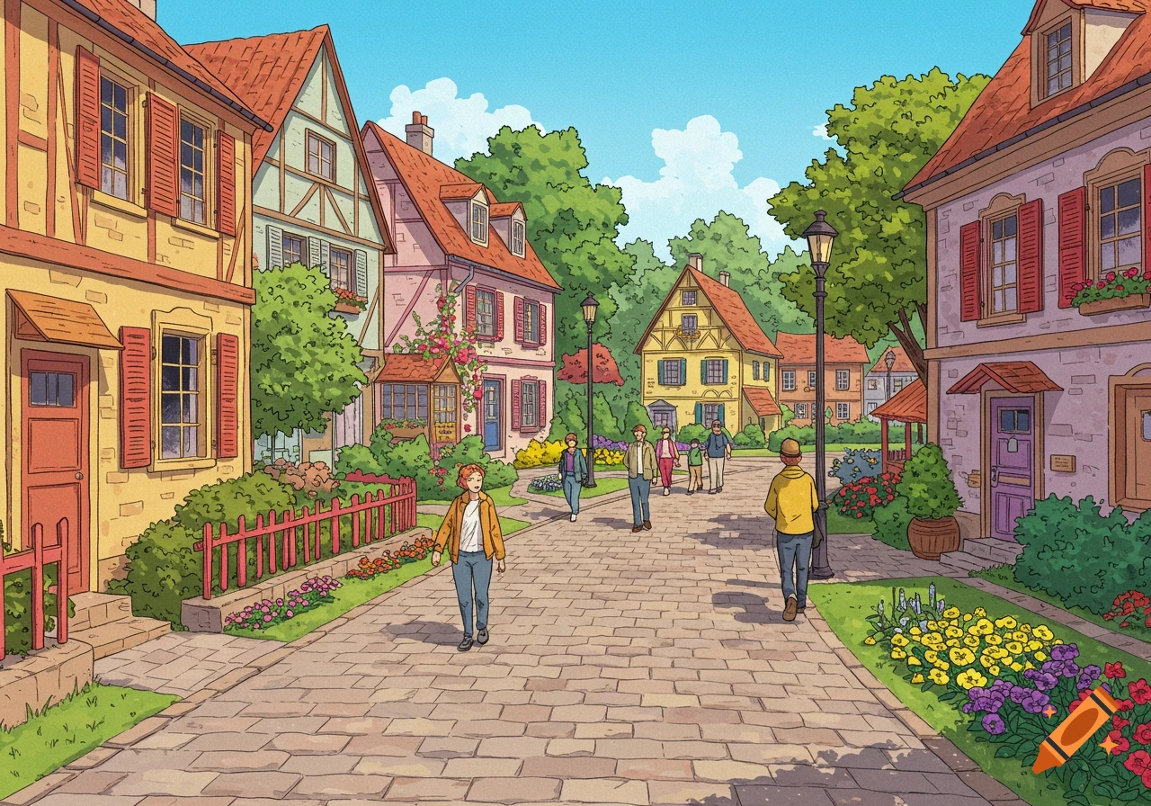 A vibrant comic-style illustration of a tranquil village street with colorful houses, lush flower gardens, and people strolling.