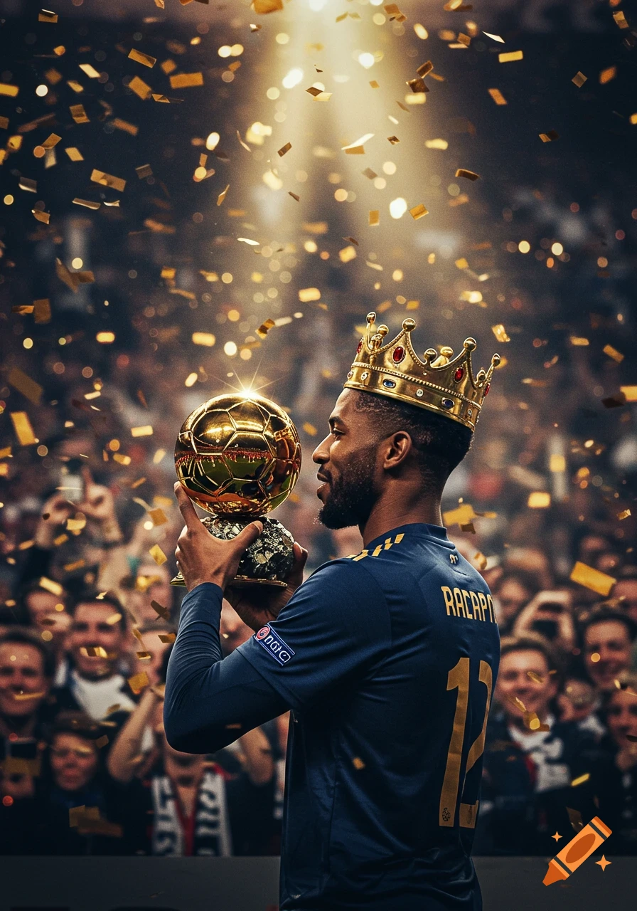 A man in a blue jersey with a golden crown on his head holds a golden football trophy amidst falling golden confetti, celebrating on a stage.